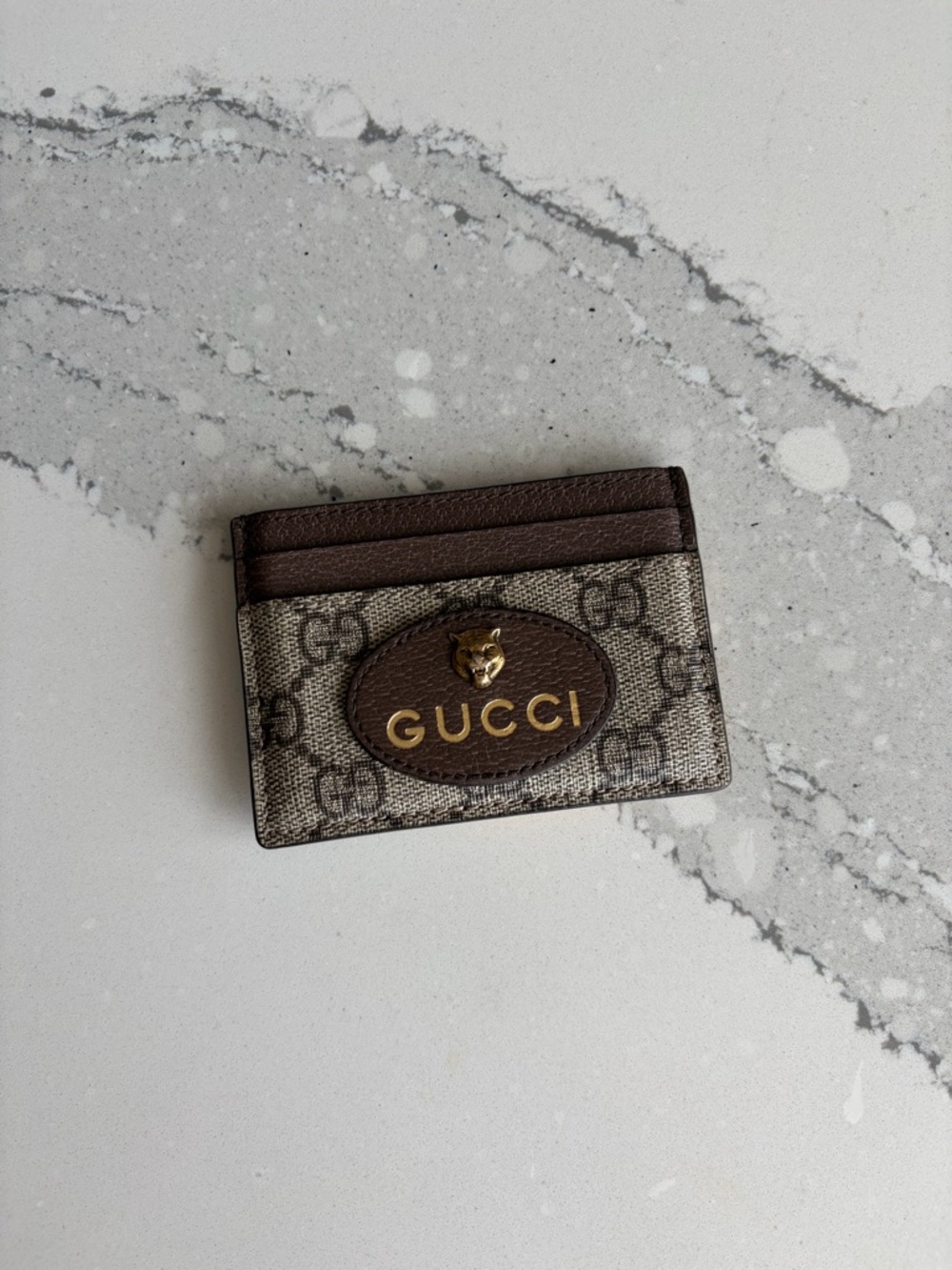 Gucci Brown GG Supreme Card Holder with Gold Logo Emblem